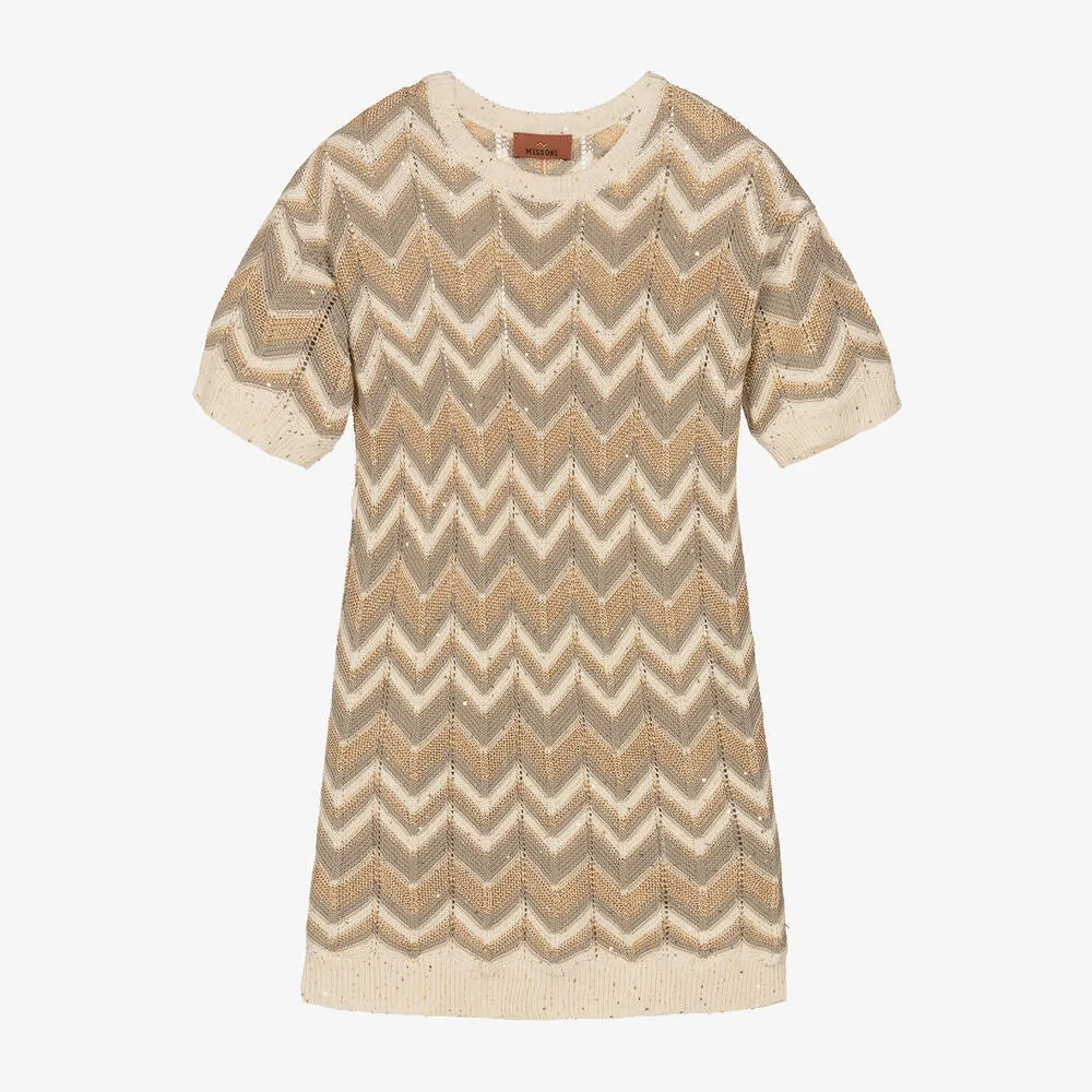 Girls Ivory & Gold Knitted Zigzag Dress