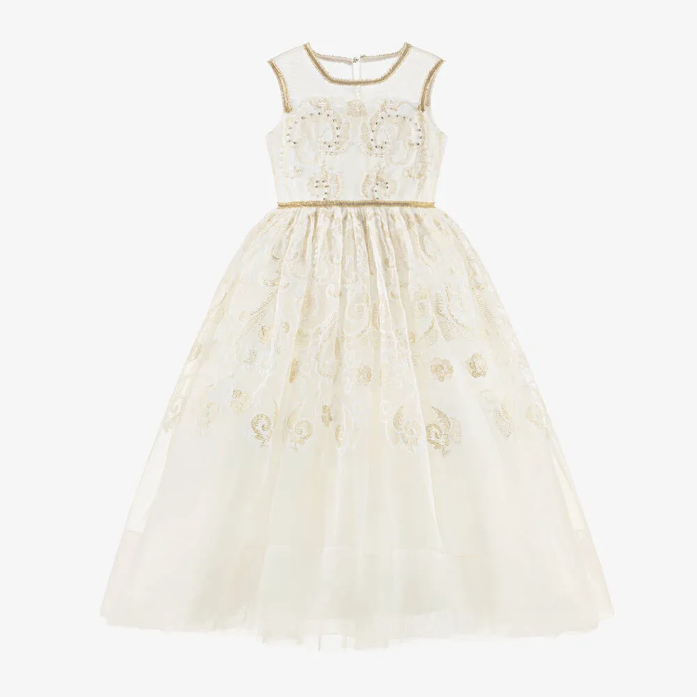 Girls Ivory & Gold Organza Dress