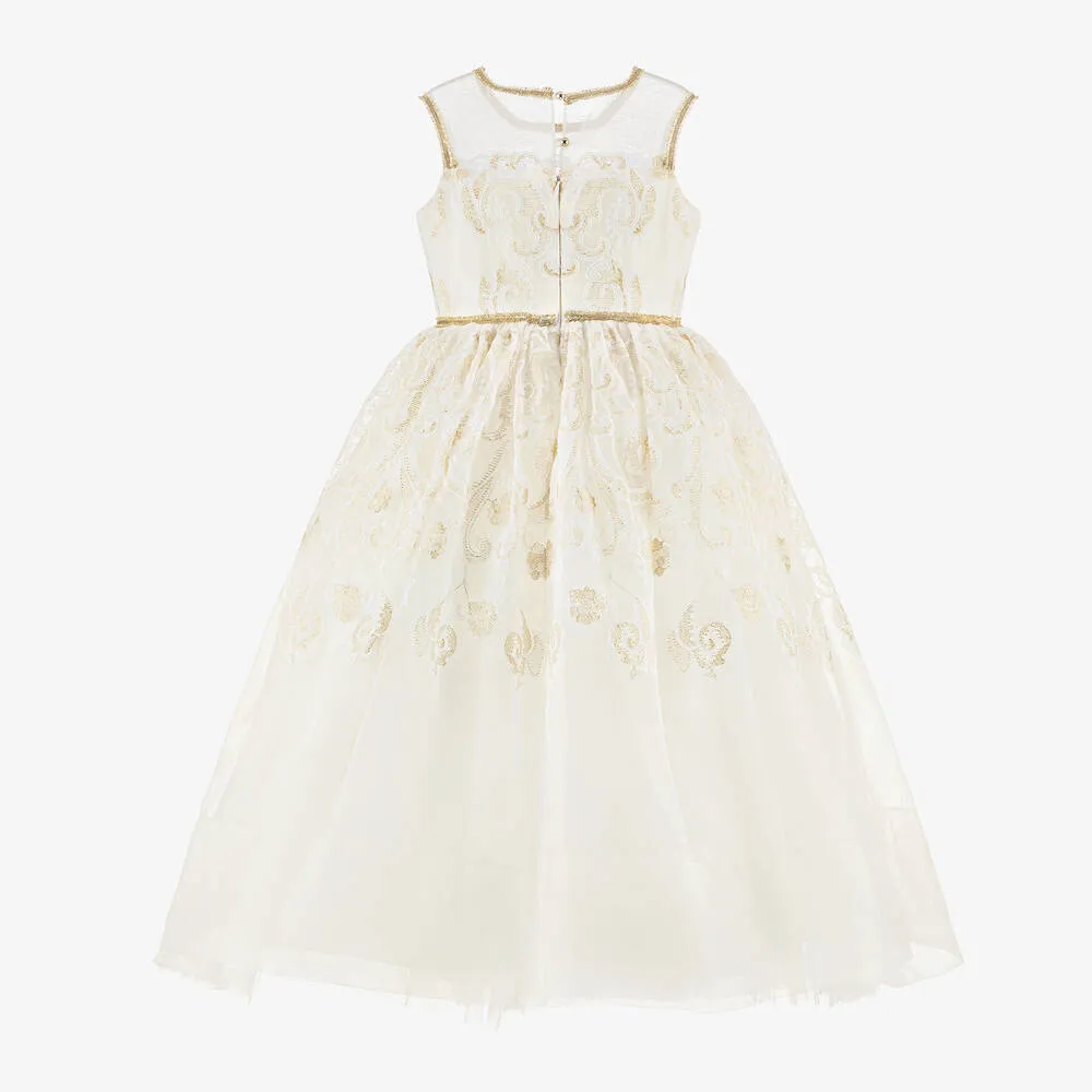 Girls Ivory & Gold Organza Dress