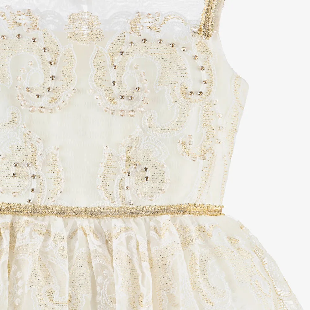 Girls Ivory & Gold Organza Dress