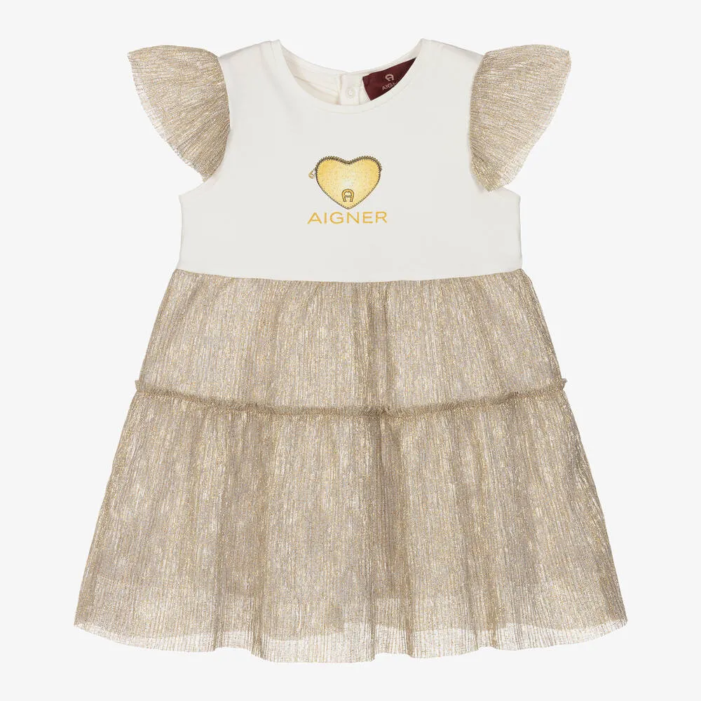 Girls Ivory & Gold Plissé Dress