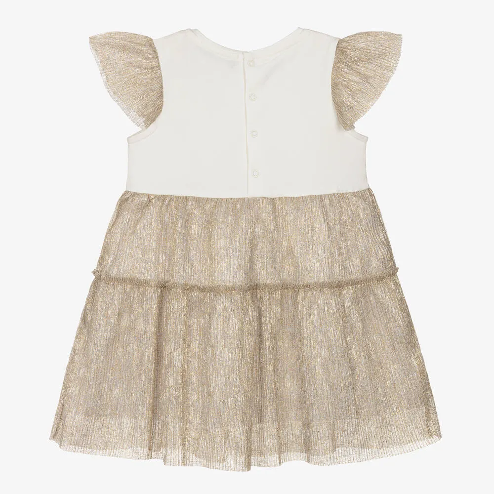 Girls Ivory & Gold Plissé Dress