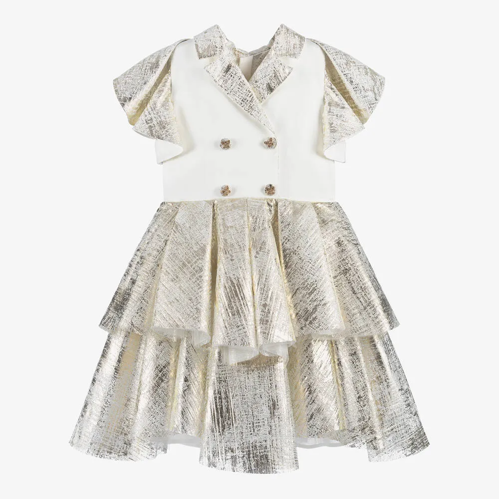 Girls Ivory & Gold Satin Dress