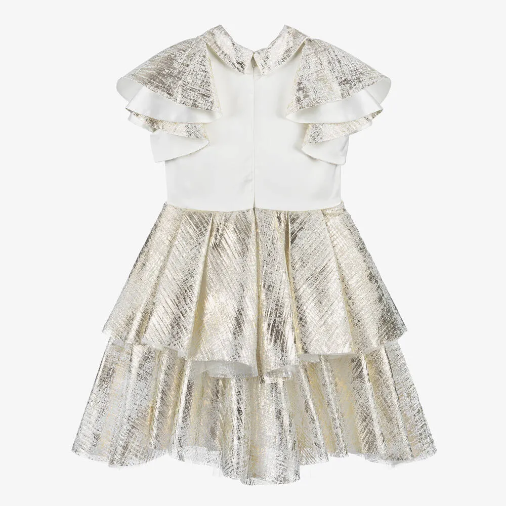 Girls Ivory & Gold Satin Dress