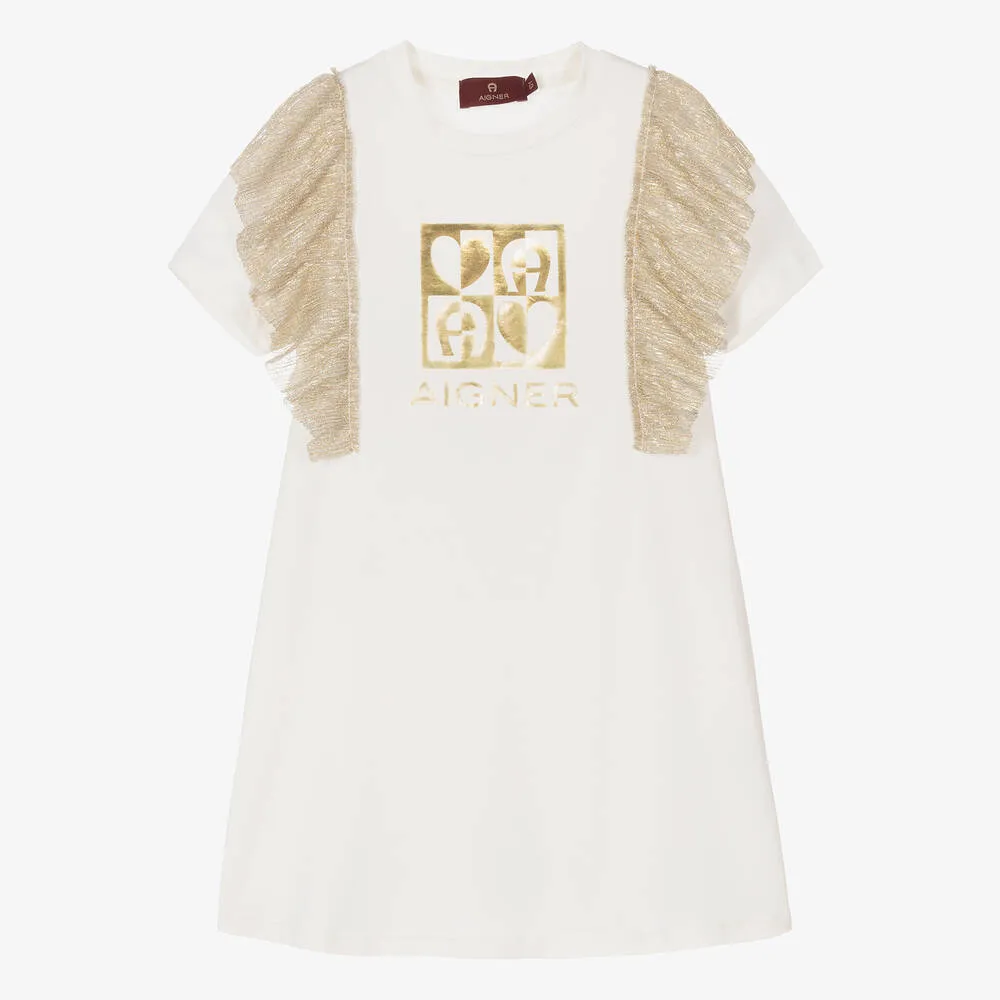 Girls Ivory & Metallic Gold Cotton Dress