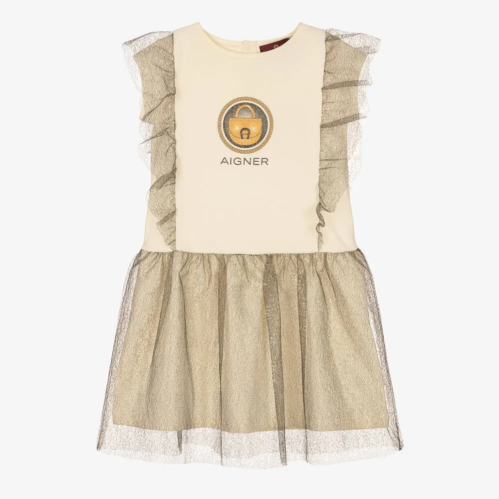 Girls Ivory Jersey & Gold Tulle Dress