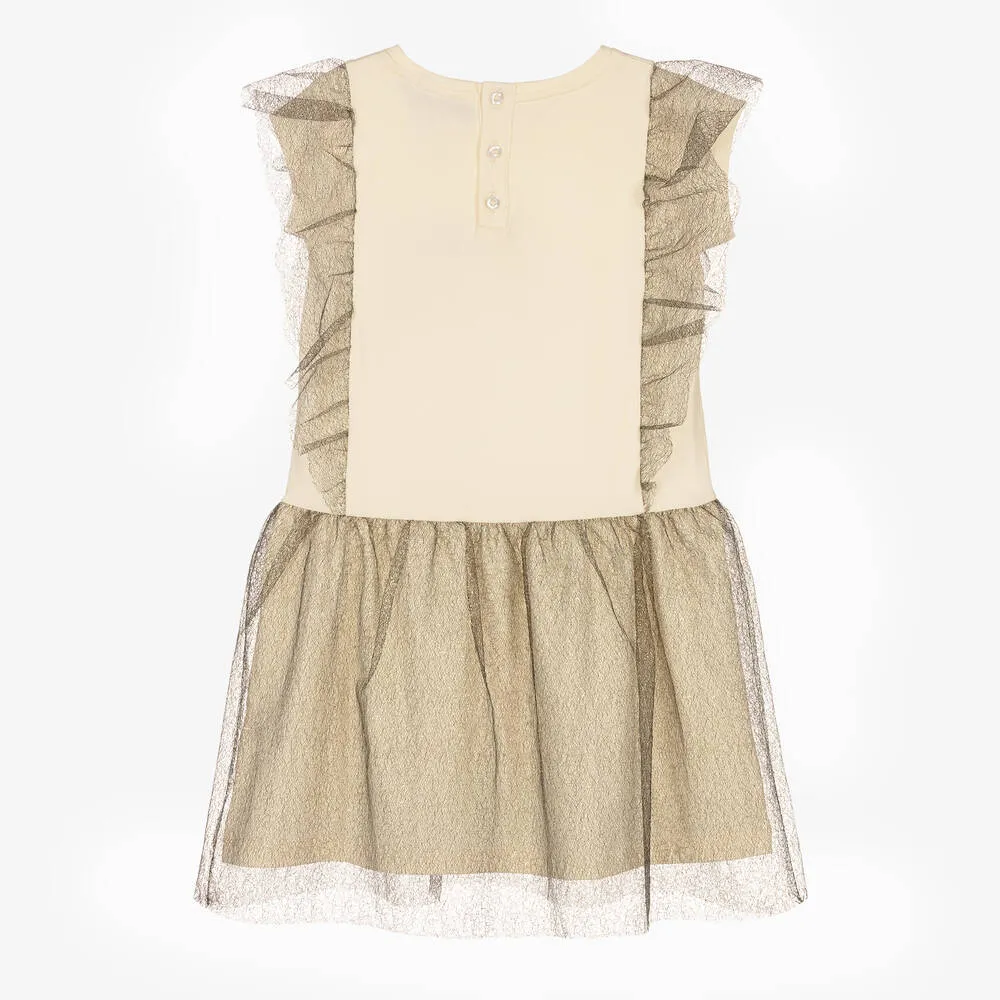 Girls Ivory Jersey & Gold Tulle Dress