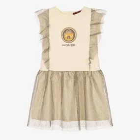 Girls Ivory Jersey & Gold Tulle Dress