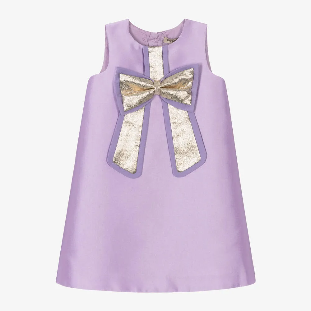 Girls Lilac Purple & Gold Bow Dress