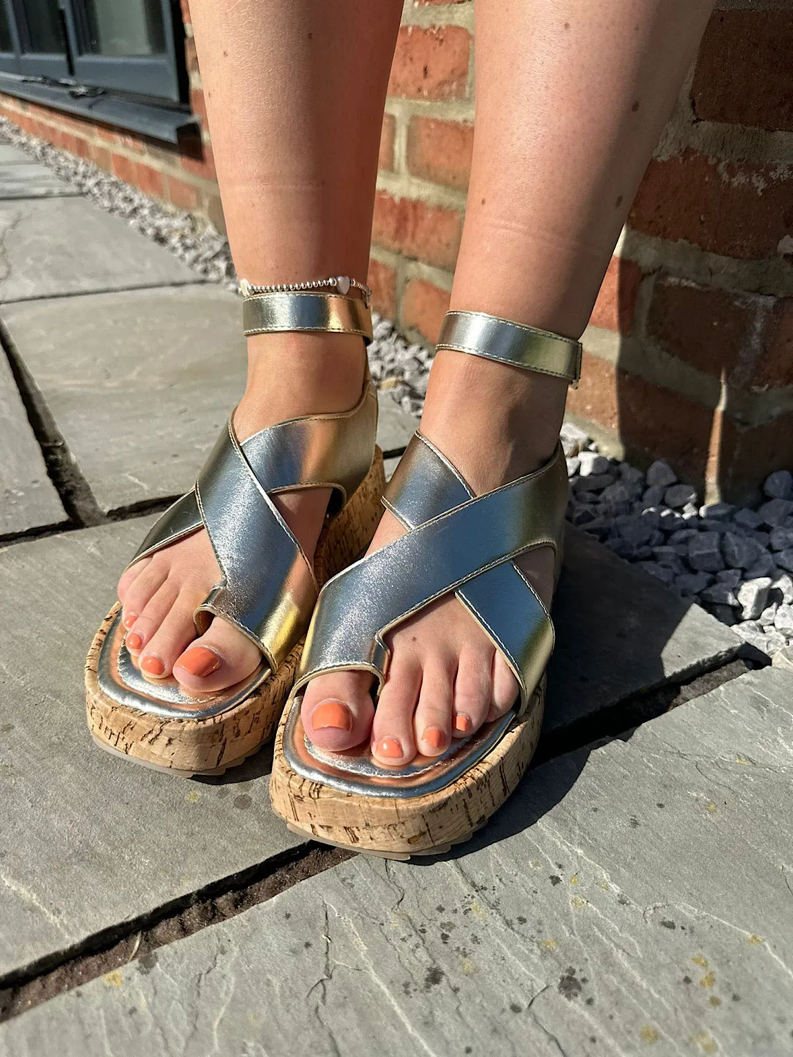 Gold Cross Over Cork Sandals