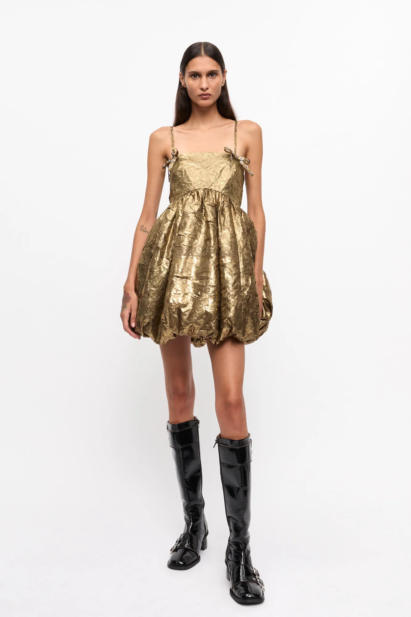 Gold Pleat Strap Mini Dress