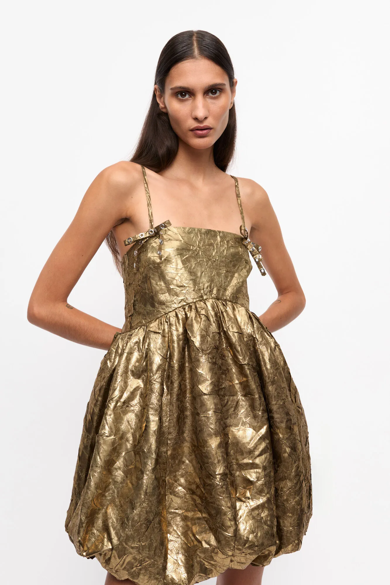 Gold Pleat Strap Mini Dress