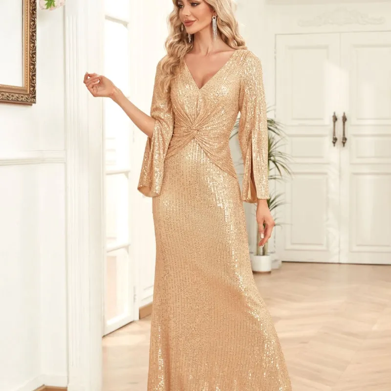 Gold Sequin Slim Fishtail Bridesmaid Banquet Evening Dress