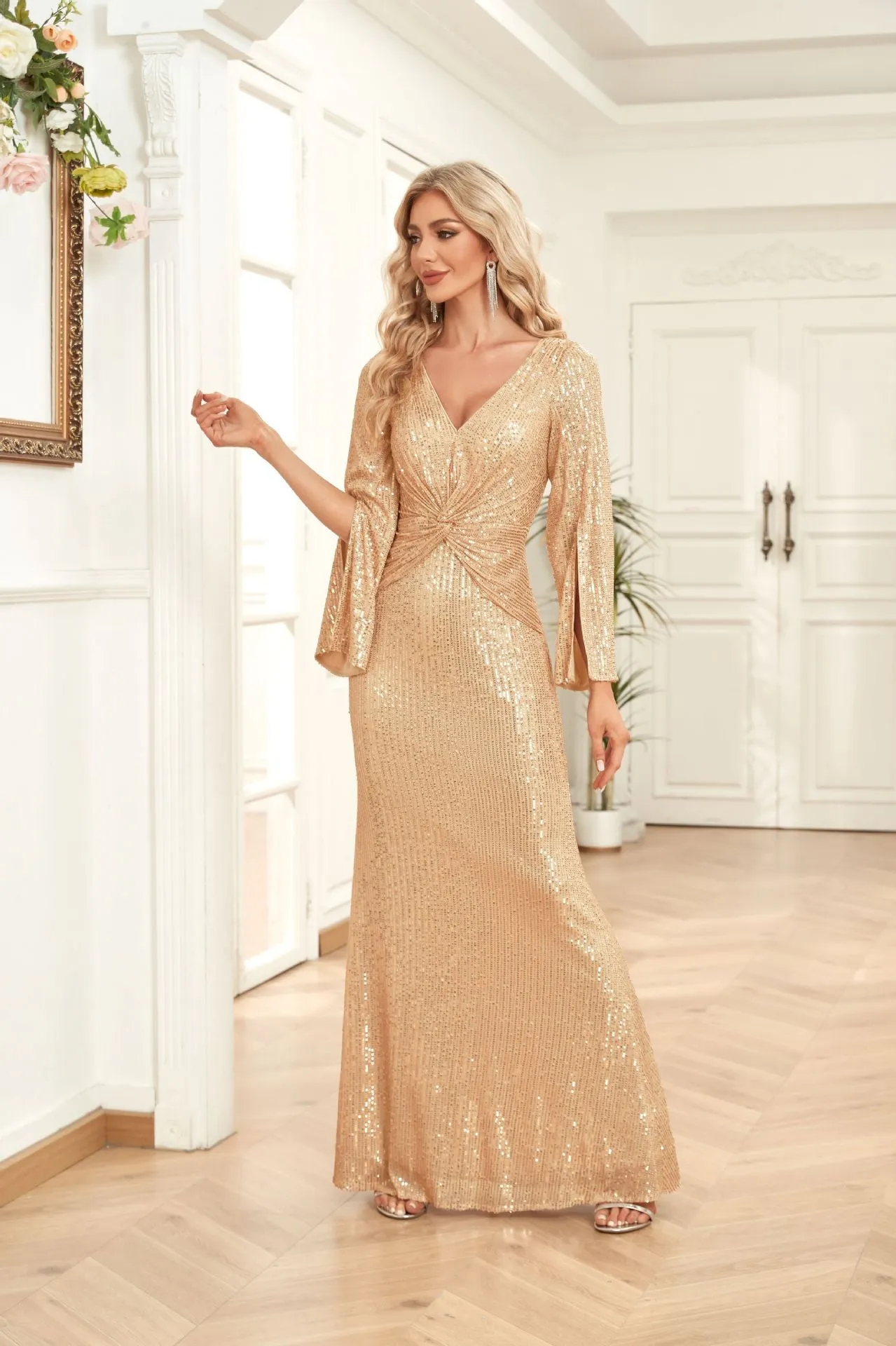 Gold Sequin Slim Fishtail Bridesmaid Banquet Evening Dress