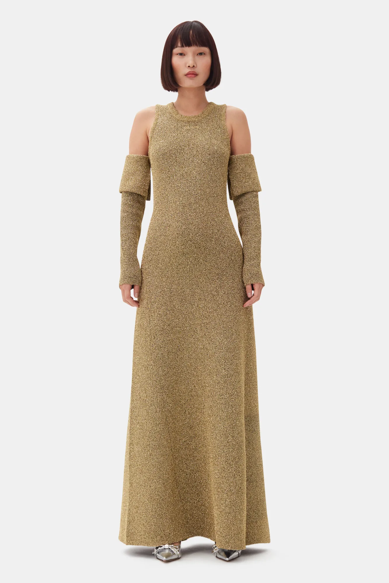 Gold Sparkle Cold-Shoulder Maxi Dress