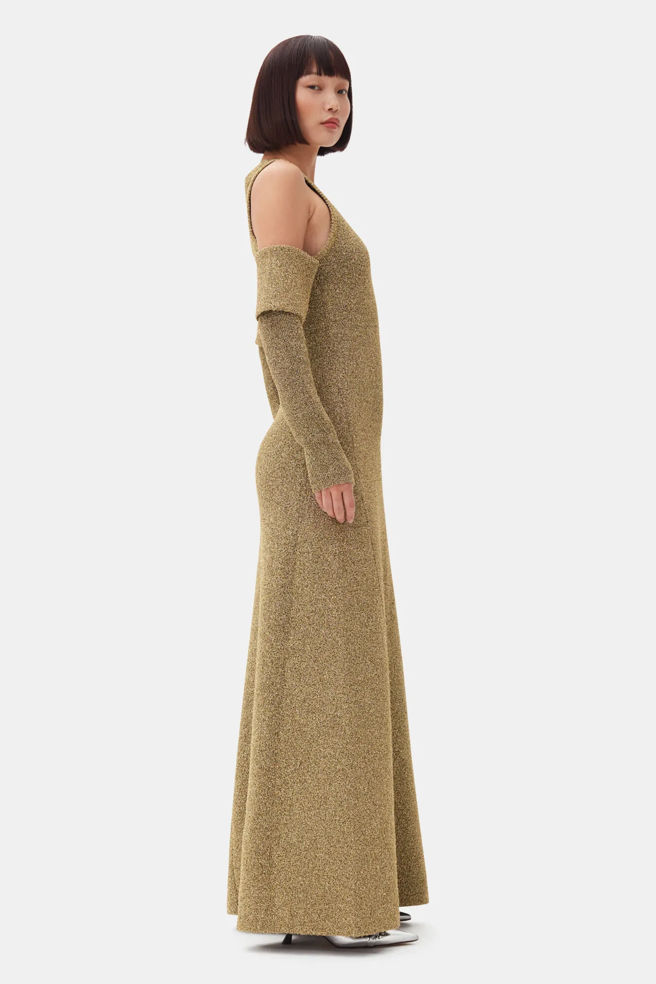 Gold Sparkle Cold-Shoulder Maxi Dress