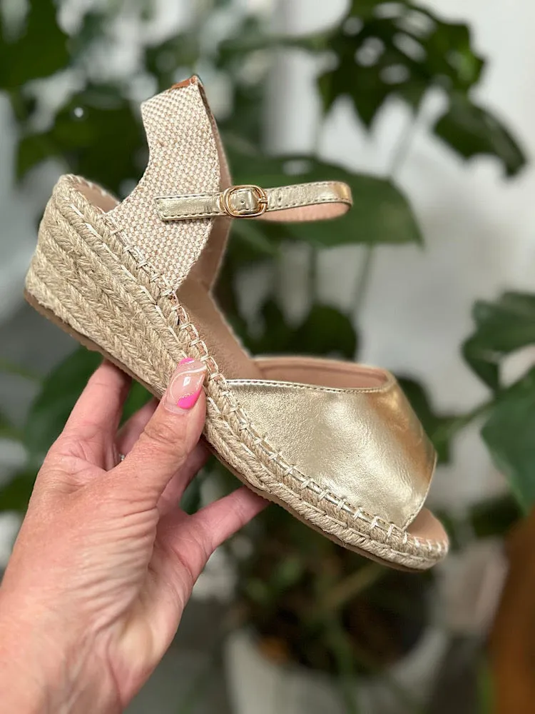 Gold Weave Wedge Strap Sandals