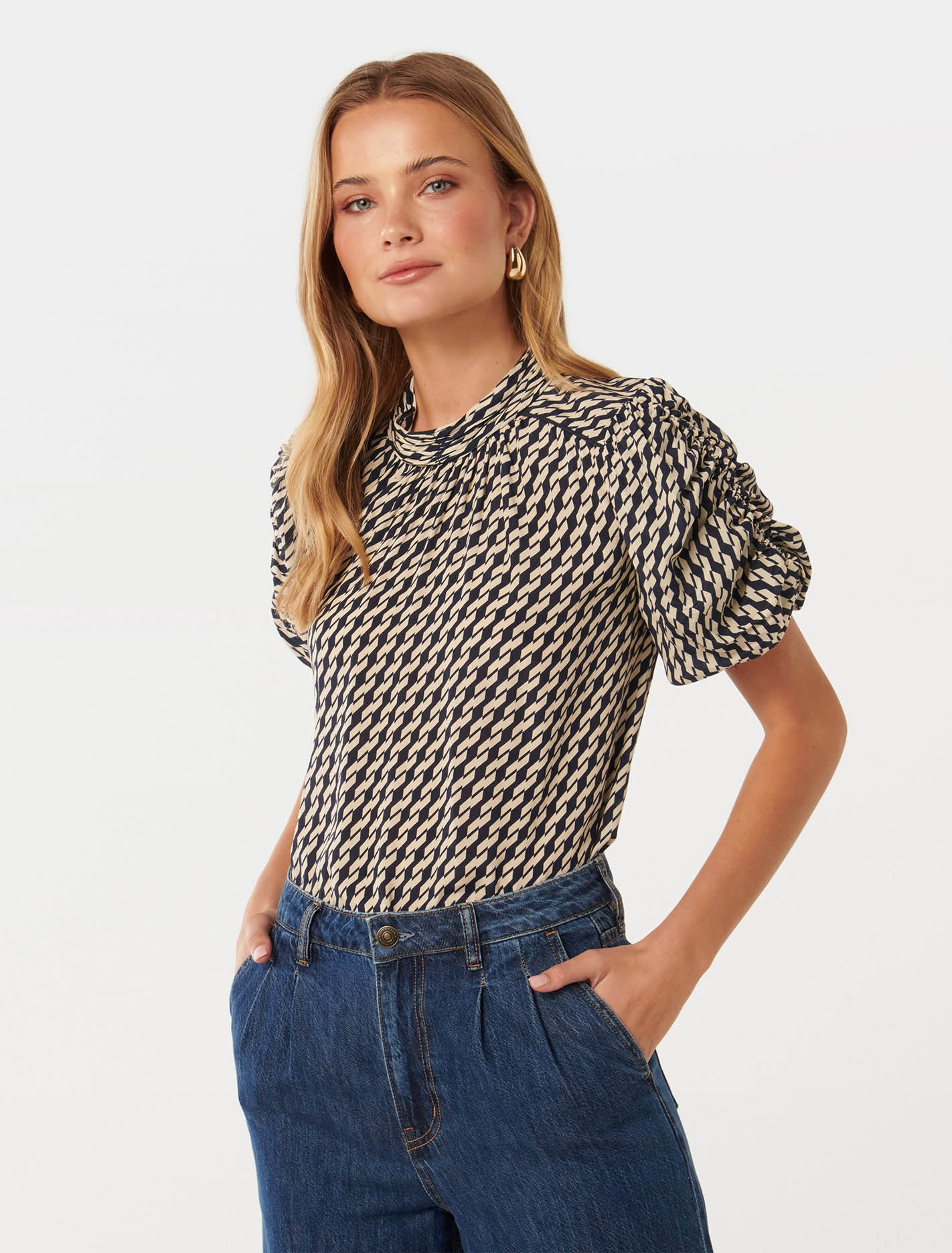 Greta Geo Ruched Sleeve T-Shirt