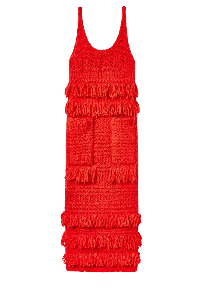 HANDKNIT FRINGE DRESS W/ PATCH POCKETS