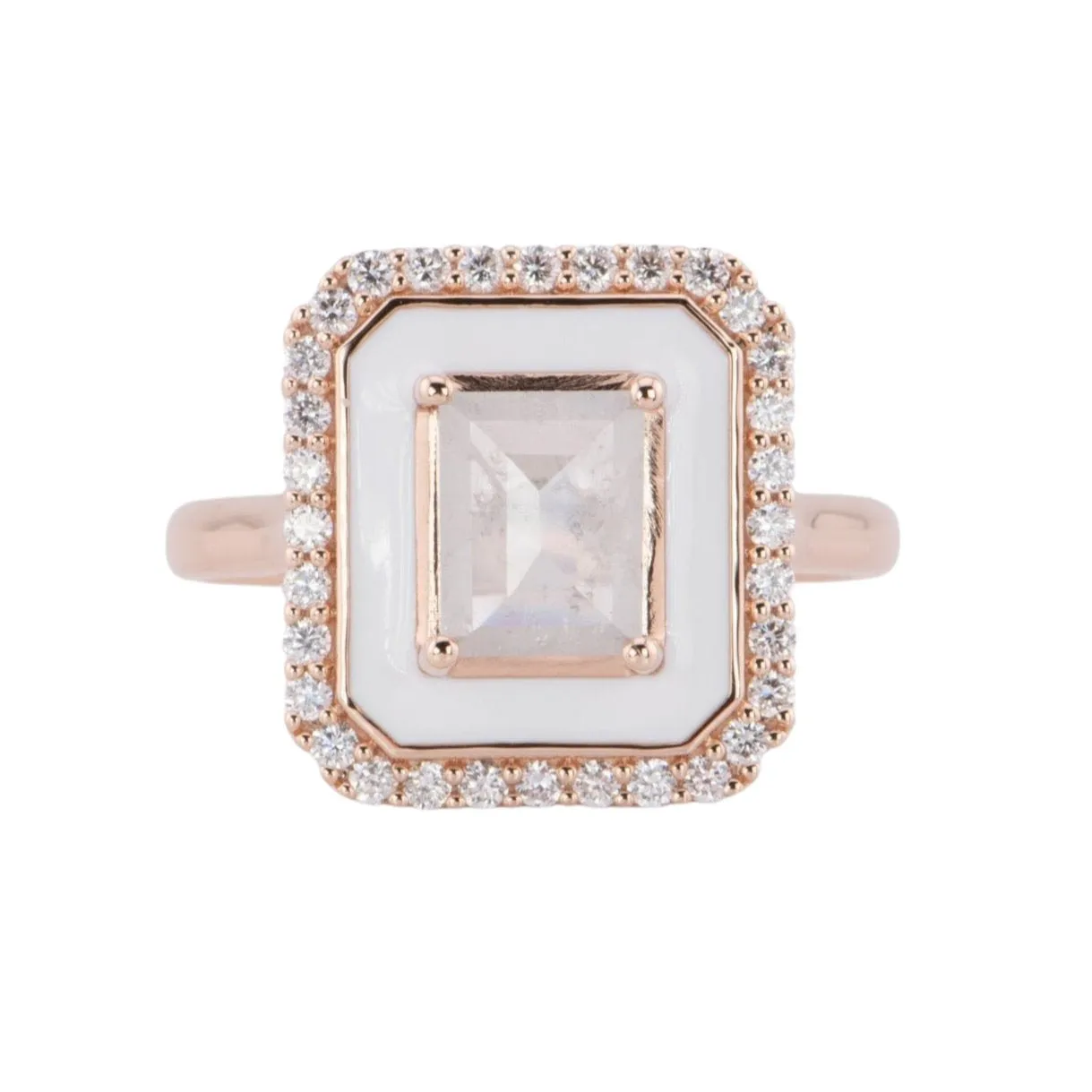 Icy Gray Diamond 1.01ct with White Enamel Halo and Outer Diamonds Engagement Ring 14K Rose Gold R6596