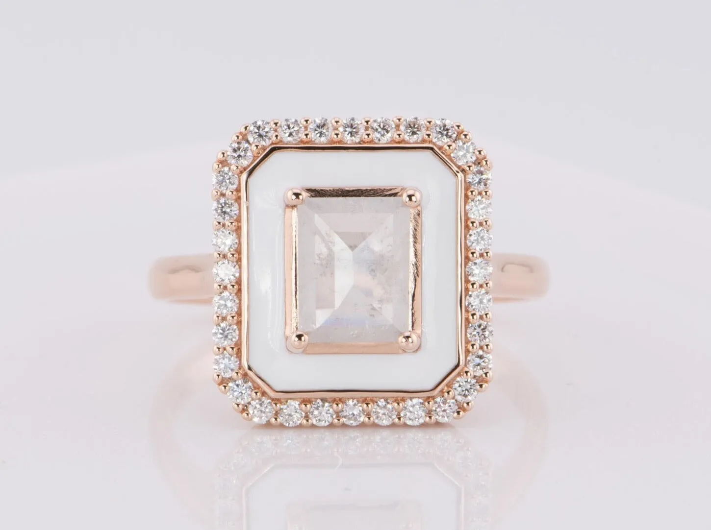 Icy Gray Diamond 1.01ct with White Enamel Halo and Outer Diamonds Engagement Ring 14K Rose Gold R6596