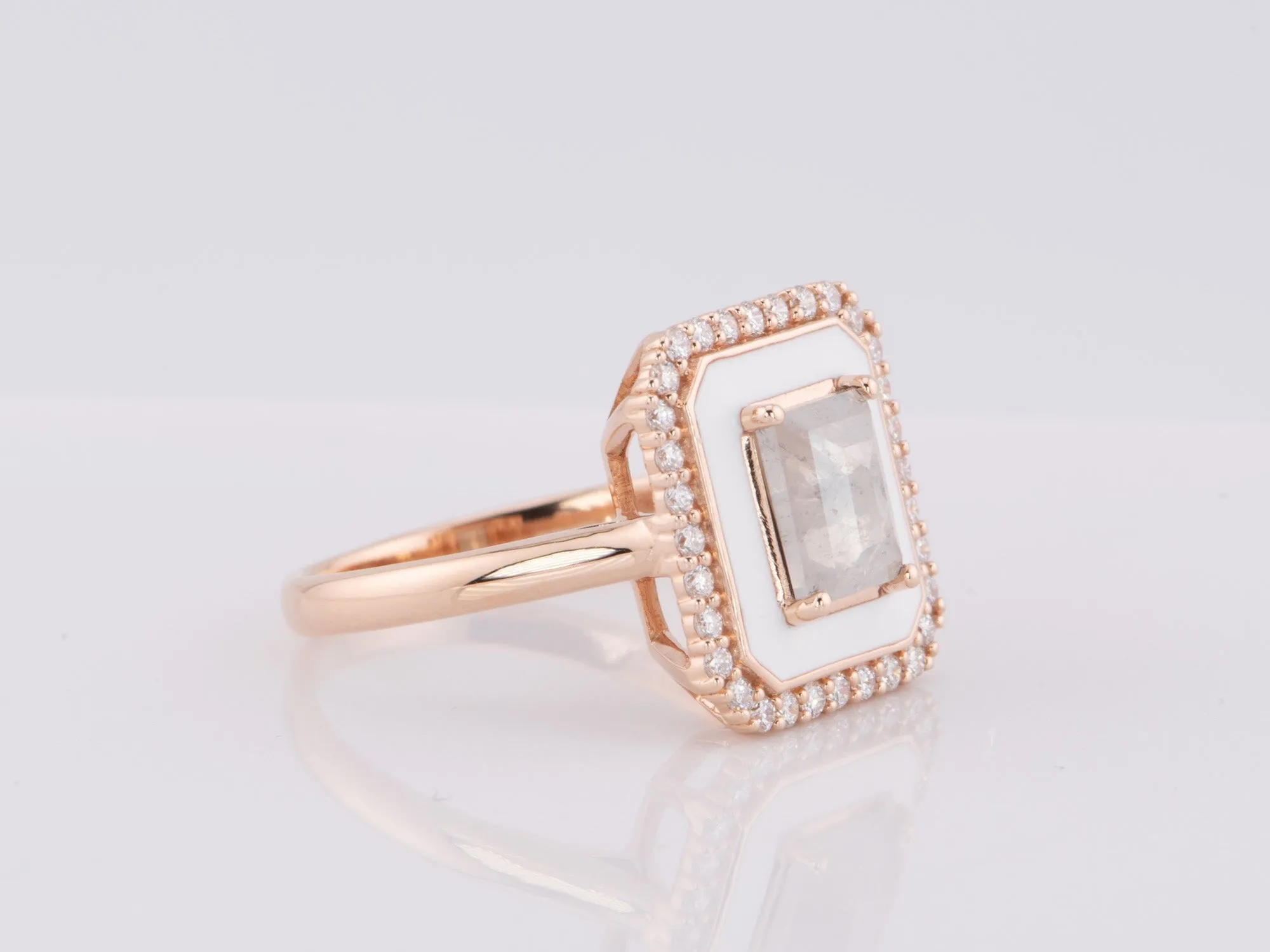 Icy Gray Diamond 1.01ct with White Enamel Halo and Outer Diamonds Engagement Ring 14K Rose Gold R6596