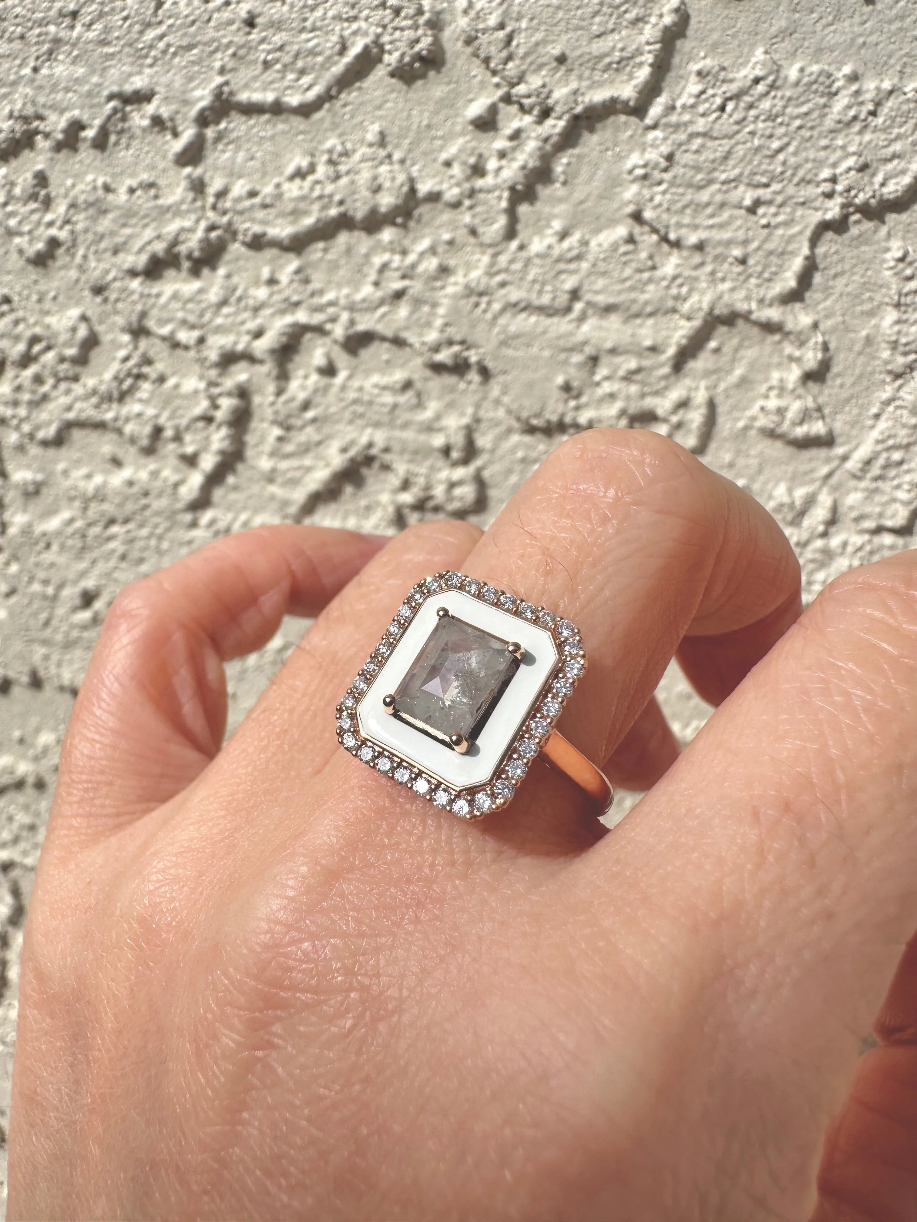 Icy Gray Diamond 1.01ct with White Enamel Halo and Outer Diamonds Engagement Ring 14K Rose Gold R6596