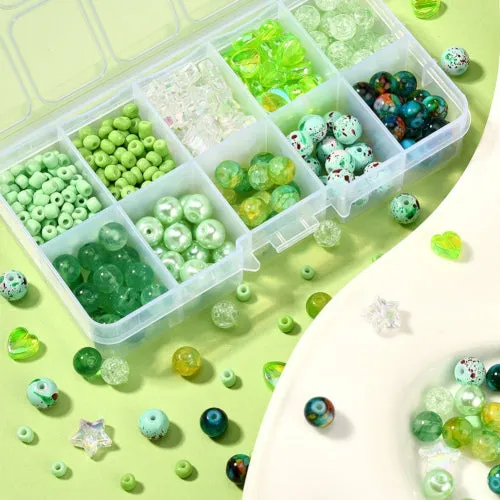 Jewelry Making Kit, Green, Round, Stars, Hearts, Acrylic And Glass Beads