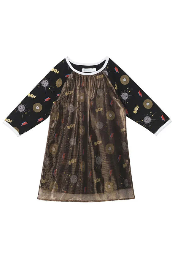 Kids Oaks of Acorn Disco Print Club Dress - Multi/Gold Overlay