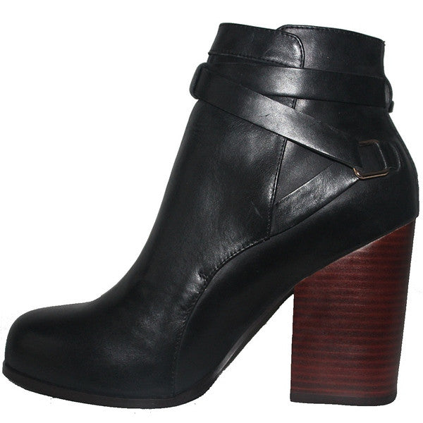 Kixters Gena - Black Leather Buckle Strap Block Heel Short Boot