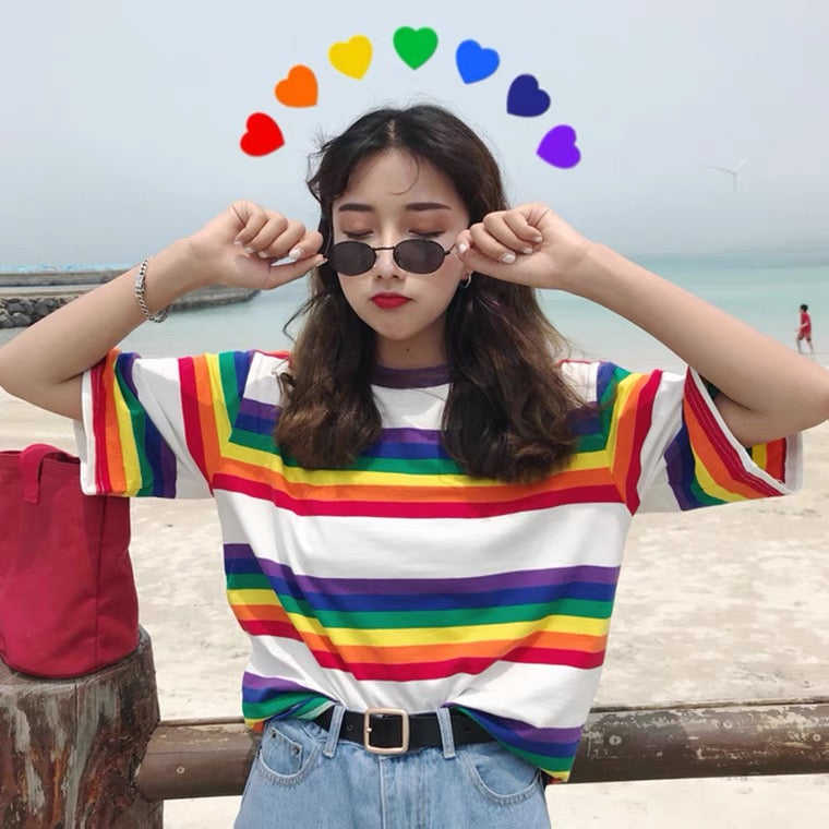 KOREAN RETRO RAINBOW STRIPE T-SHIRT BY22106