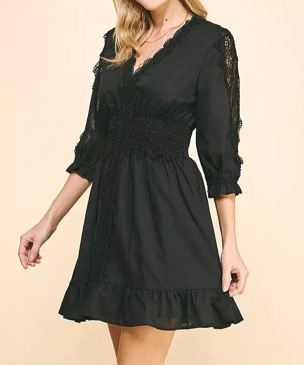 Lace Trim Detail Mini Dress - Black