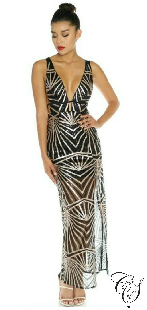 Lanise Black Gold Geometric Sequin Maxi Dress