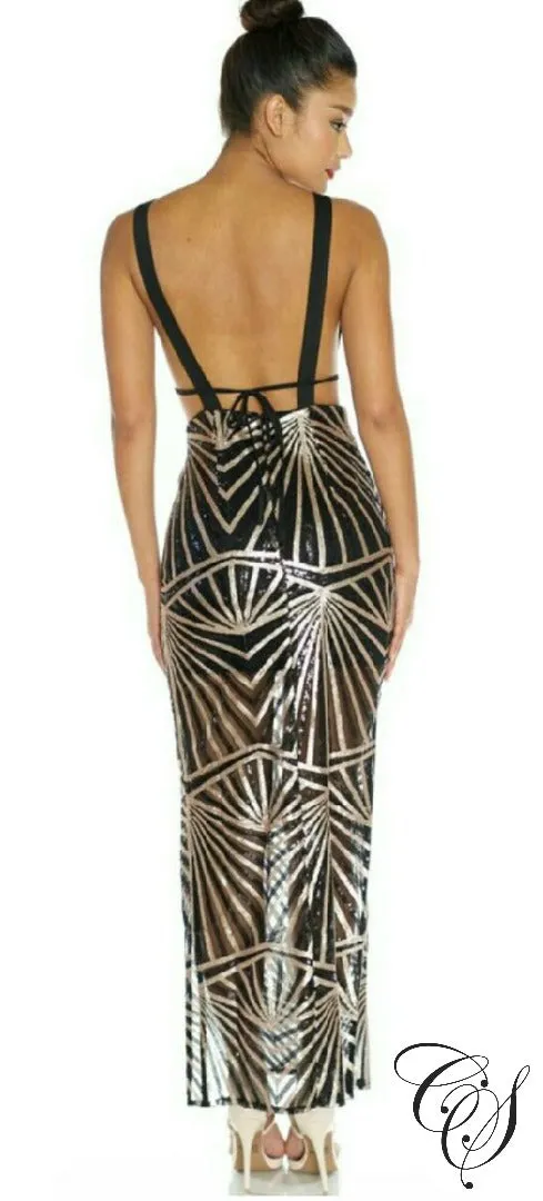 Lanise Black Gold Geometric Sequin Maxi Dress