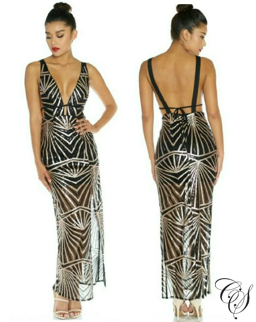 Lanise Black Gold Geometric Sequin Maxi Dress