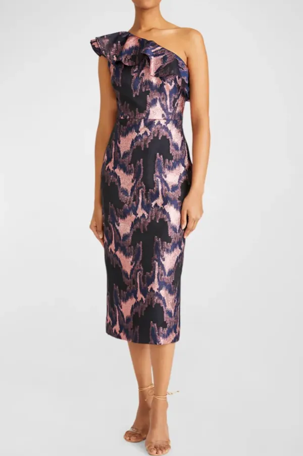 Lina Jacquard Midi Dress - Navy/Rose Gold