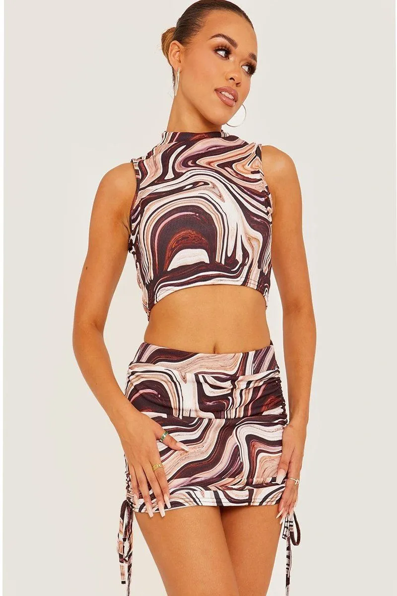 Marble Print Brown Crop Top & Ruched Skirt Co-ord