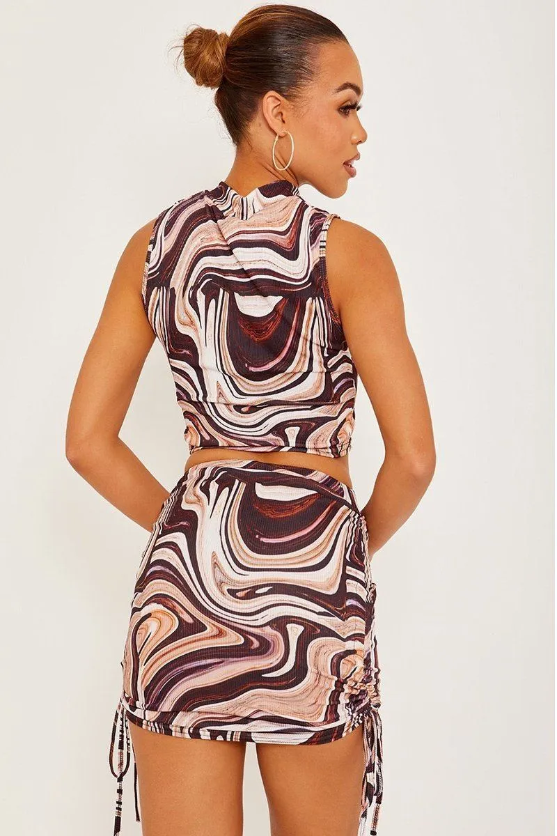 Marble Print Brown Crop Top & Ruched Skirt Co-ord