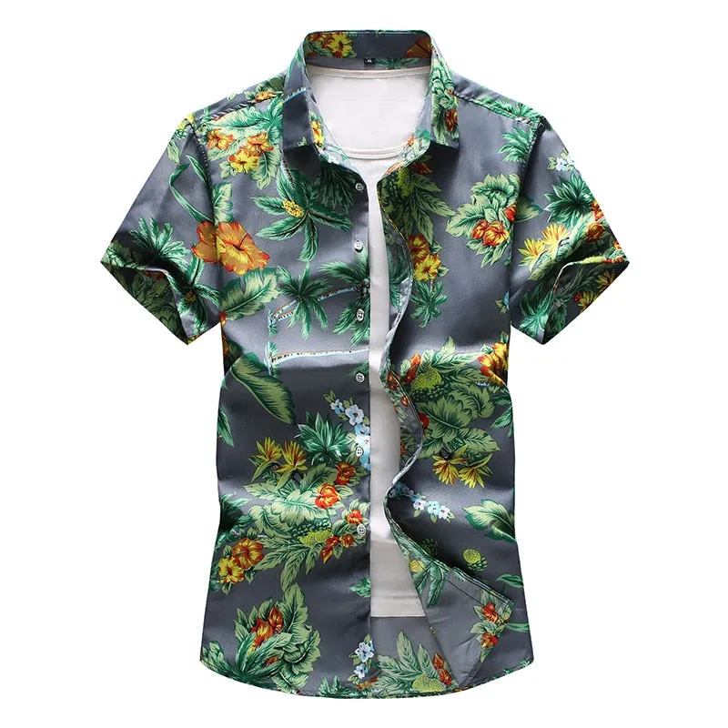 Men's Polyester Gray Floral Slim Fit Short Sleeve Beachwear Shirt