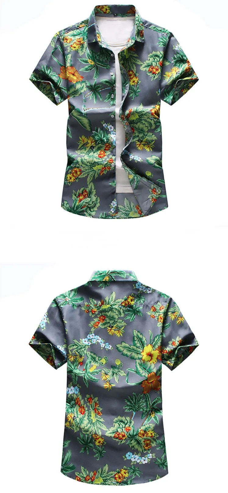 Men's Polyester Gray Floral Slim Fit Short Sleeve Beachwear Shirt