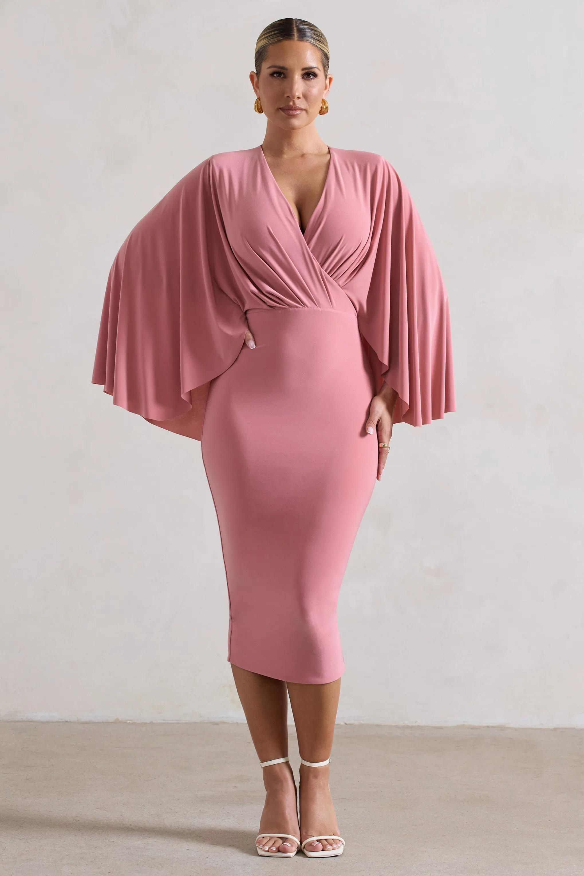 Mishka | Blush Pink Plunge-Neck Cape Midi Dress