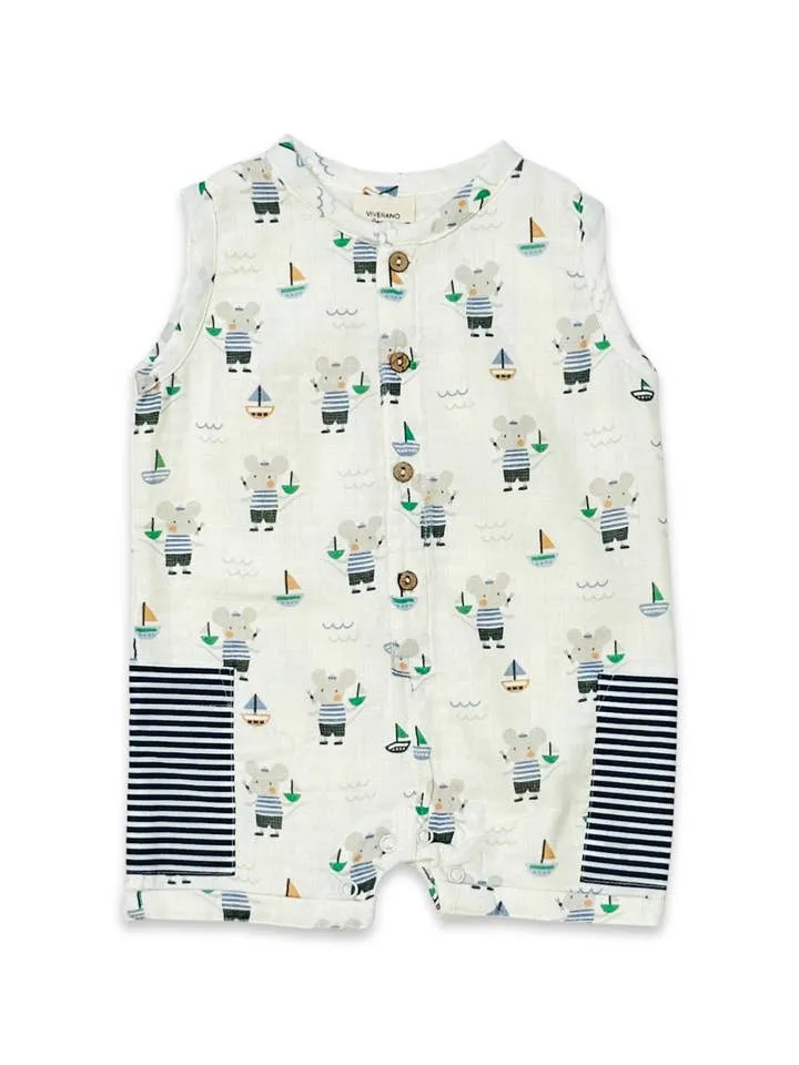 Mouse Sailor Pocket & Button Short Baby Romper Organic