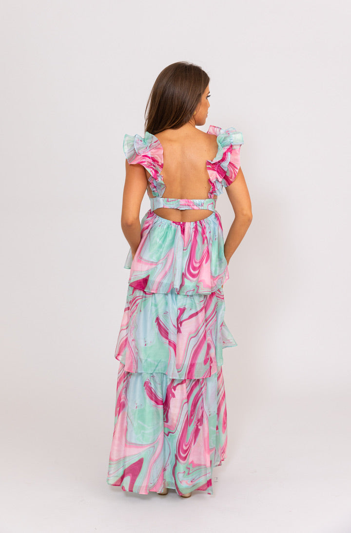 Multi Swirl Organza Maxi Dress