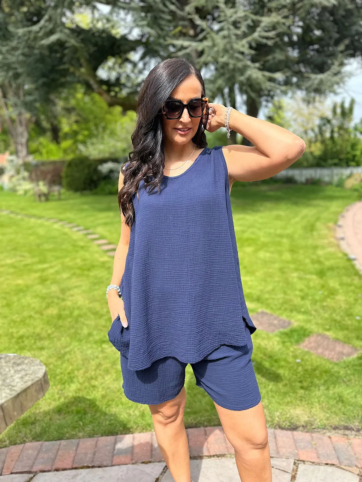 Navy Bubble Cotton Vest Top Fran