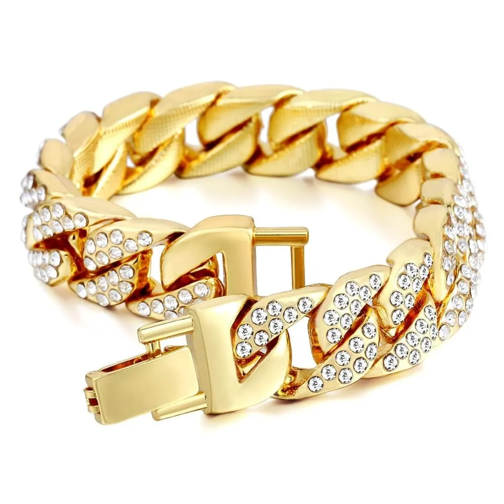 New Hip Hop Rhinestones Link Gold Iced Wristband Bracelet Jewelry