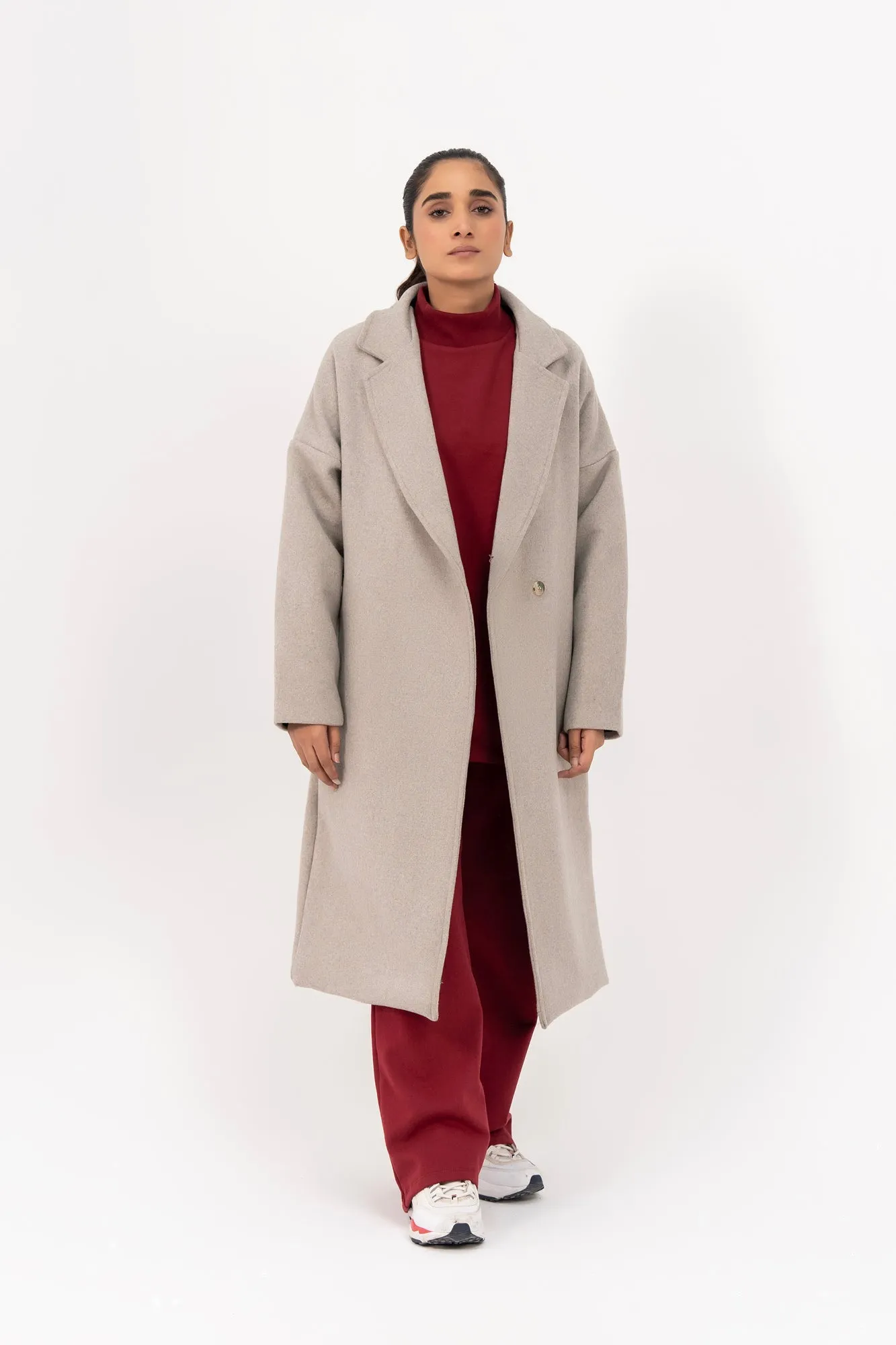 Oversized Belted Wool Coat - Light Grey