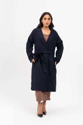 Oversized Belted Wool Coat - Navy Blue