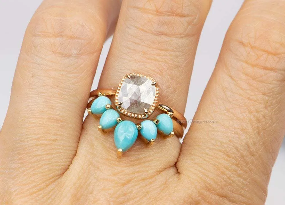 Pear Shape Turquoise 14K Gold Wedding Band Unique Curve Crown Ring December Birthstone AD1456T