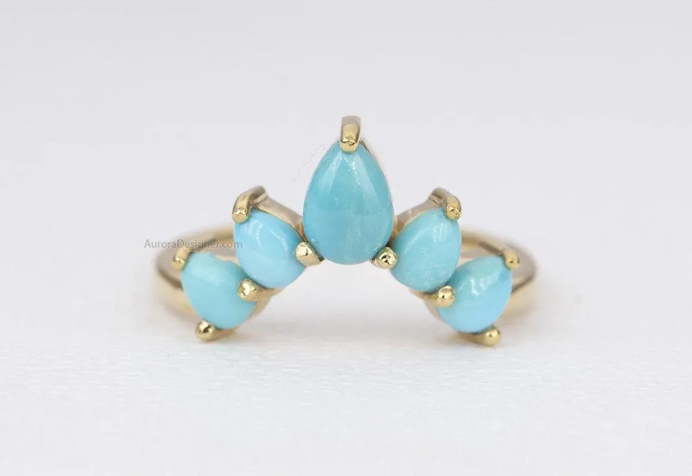 Pear Shape Turquoise 14K Gold Wedding Band Unique Curve Crown Ring December Birthstone AD1456T