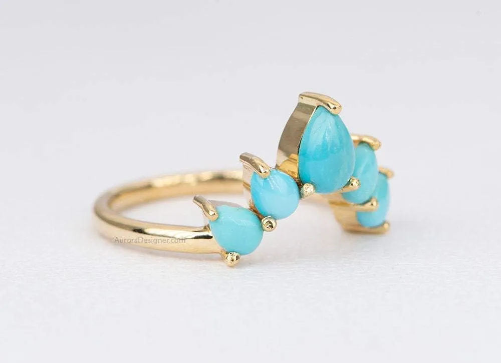 Pear Shape Turquoise 14K Gold Wedding Band Unique Curve Crown Ring December Birthstone AD1456T